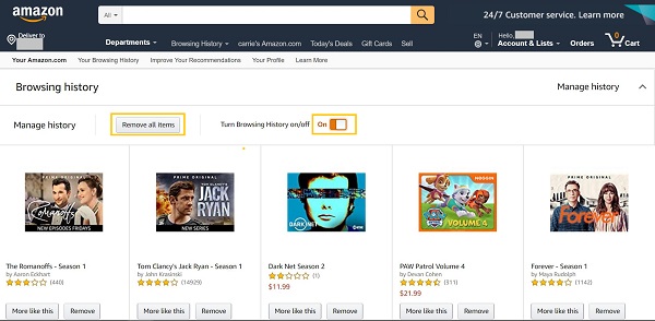 Delete Amazon Prime Videos Browsing History