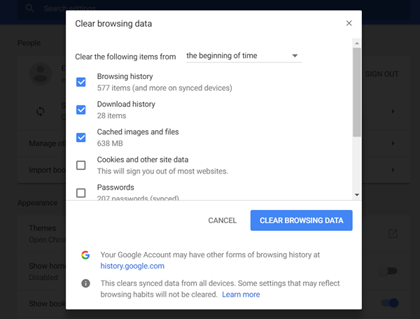 Clear Cache and Cookies in Chrome