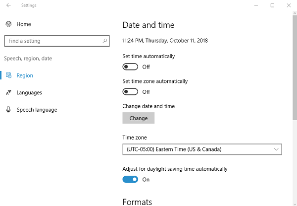 Date and Time Settings on Windows 10