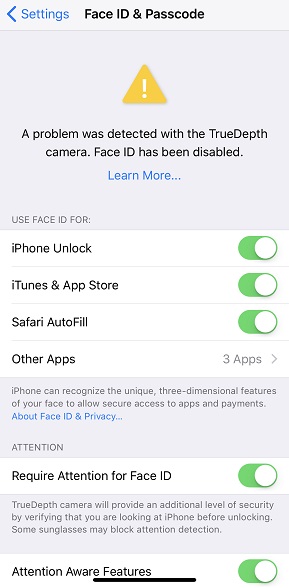 Disabled Face ID in Settings