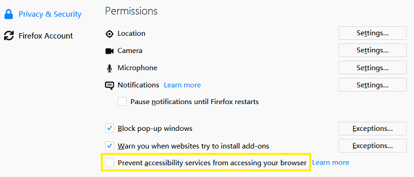 Firefox Prevent Accessibility Service