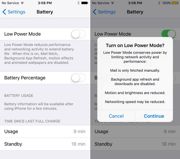 iOS 9 Lower Power Mode