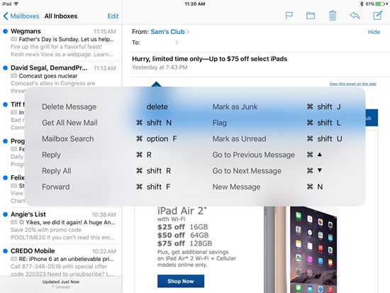 iPad Keyboard Shortcut Mail