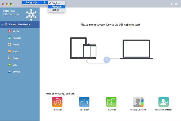 Interface of FonePaw iOS Transfer Mac Version