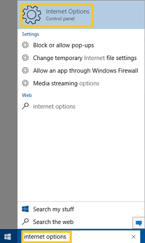 Search Internet Options on Windows 10 