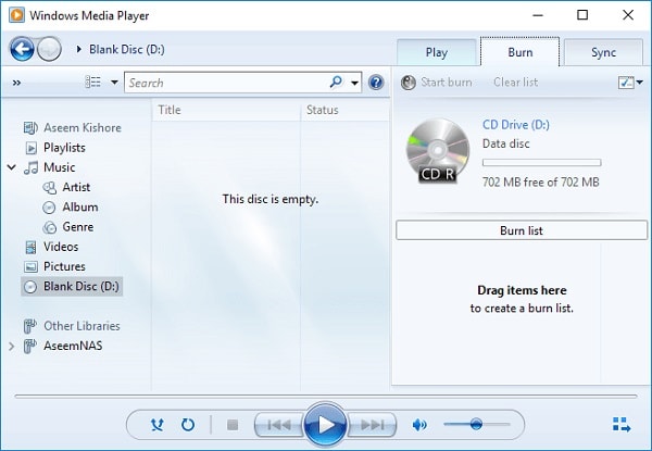 Windows Media Player Blank Disc